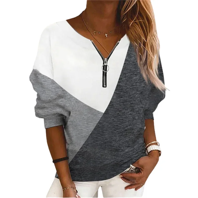 Women New Geometry Colour Blocking Sweatshirt Zipper Splicing Loose O Neck Hoodie Female Comfortable Autumn Casual Commuter Tops