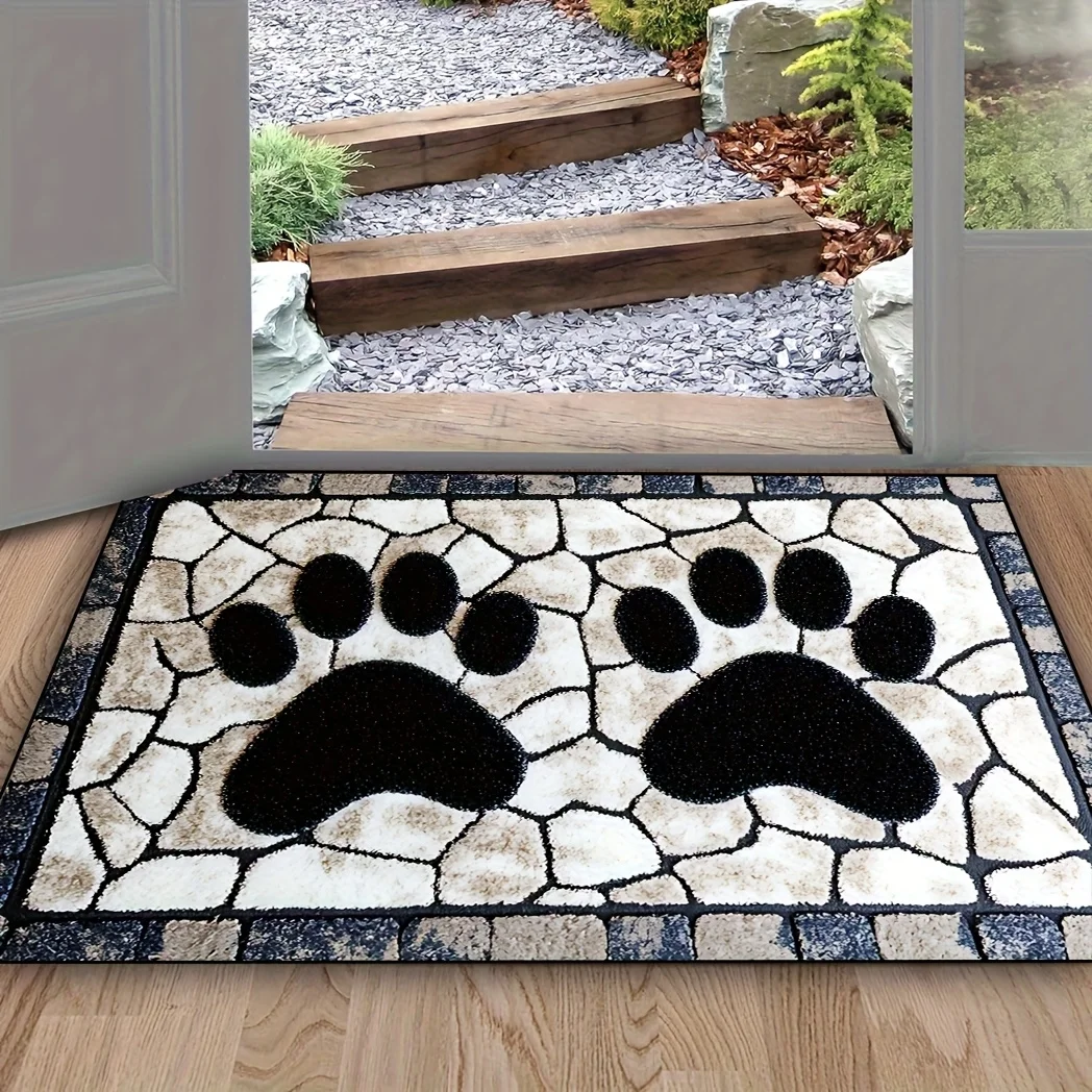 

VIKAMA Adorable Animal Paw Print Doormat Black and White Stone Pattern Absorbent and Non-Slip Entrance Hallway Home Decor