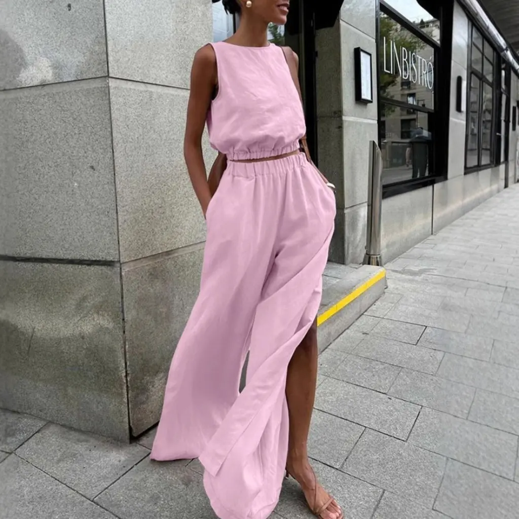 Set da due pezzi in cotone e lino da donna, gilet in tinta unita, pantaloni divisi, abito casual in stile europeo americano primavera estate
