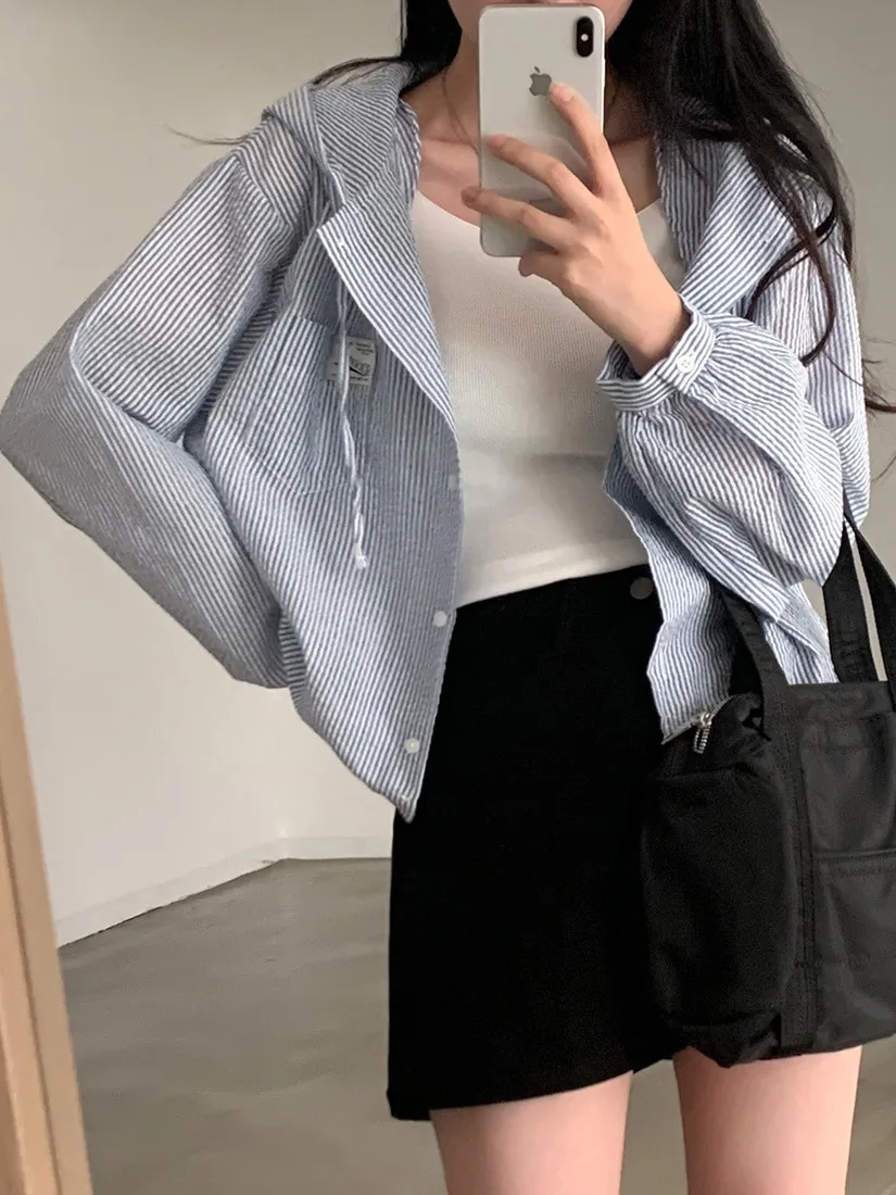 Elegant Striped Long Sleeve Hooded Shirt for Small Stature Women Korean Style Spring Autumn Winter Casual Wear Street Style