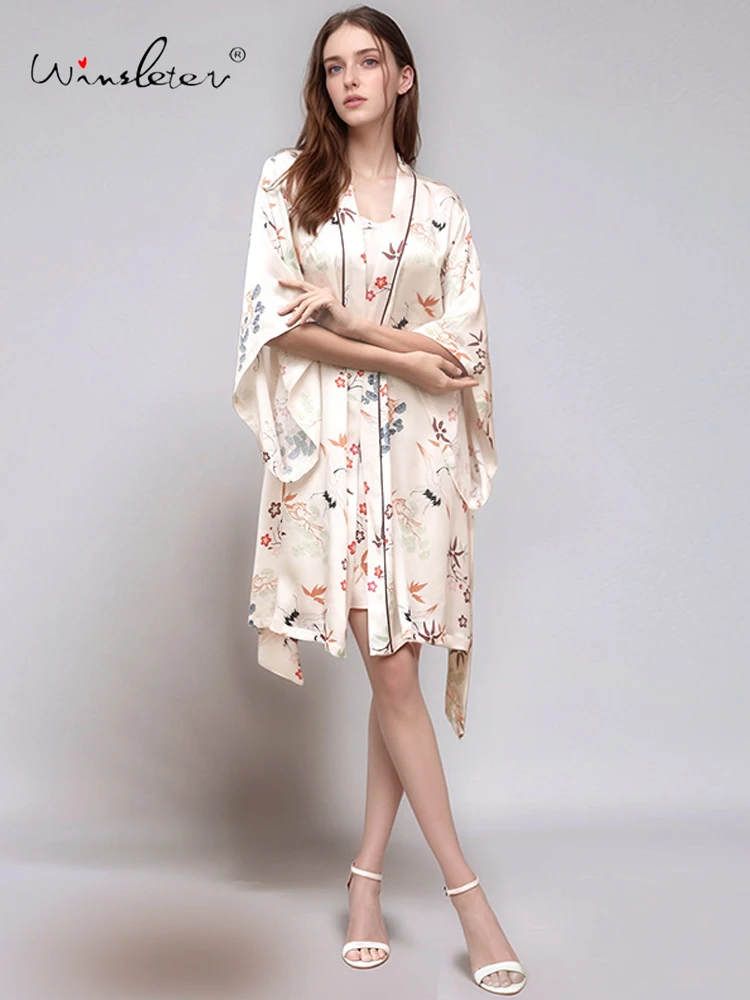 Winsleter-16MM 100%Real Silk Elegant Night-robe Set, Floral Print, Women Sexy Sleeping Robe Sling Dress, 2025 Autumn S5O865CC