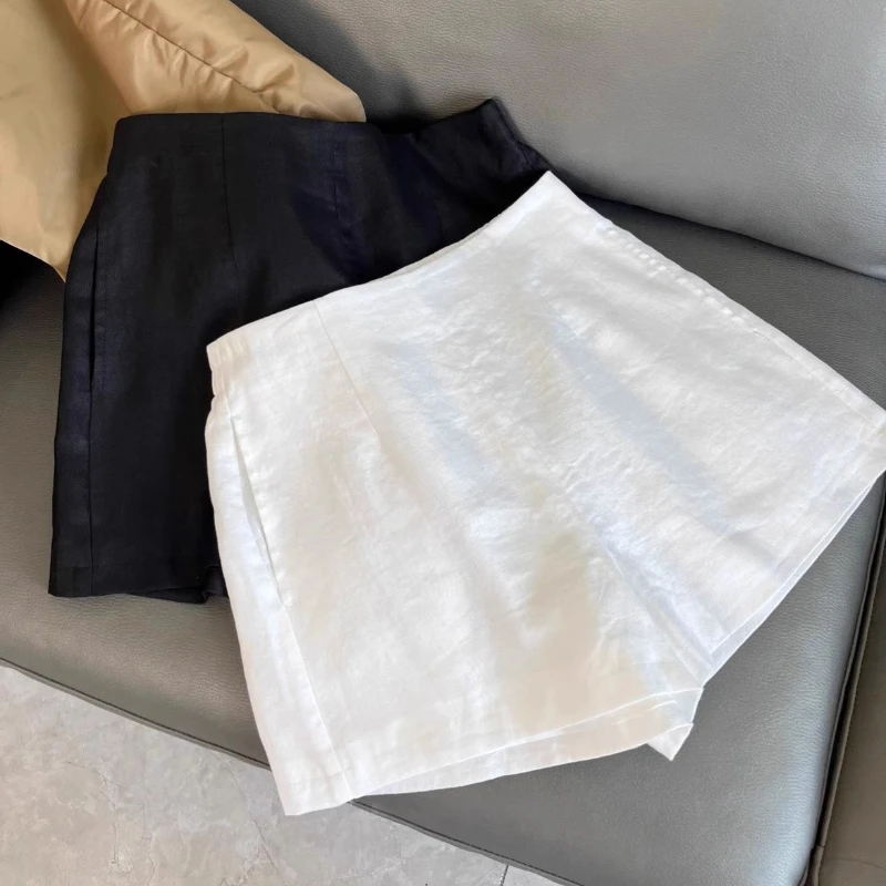 Korean Style New Casual Linen Wide-Leg Pants Women's Summer High Waist Cotton Linen White Design Sense Niche A- line Shorts