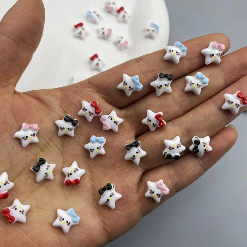 50Pcs New Cute Star Nail Accessories with Three Dimensional Bow and Five pointed Star Cat Nails DIY Decorative Nail Charm