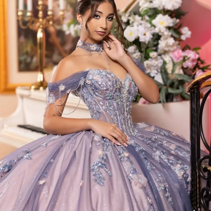 

Customized Shiny light gray Quinceanera Dresses Off the Shoulder applique crystal Long tail Bow Vestido 15 Quinceanera