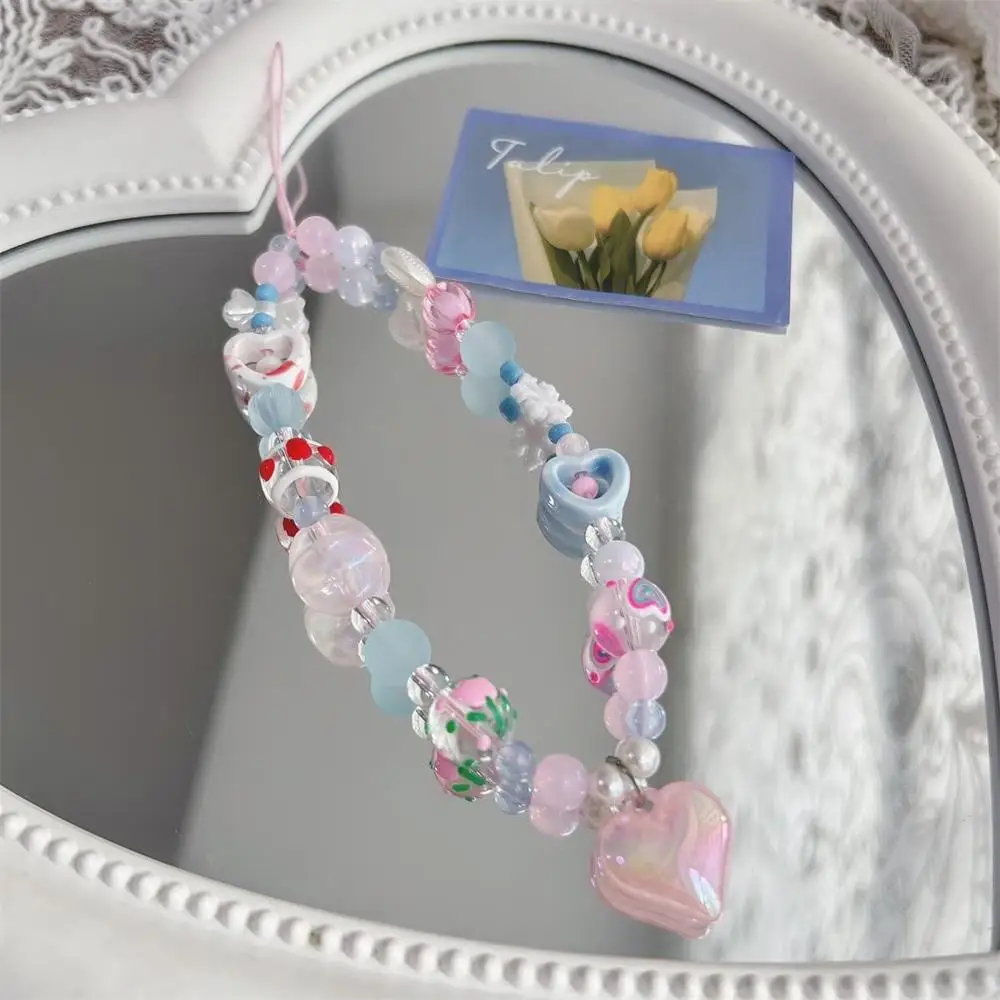 Korean Cute Pink Blue Love Heart Beaded Phone Chain Charm Lanyard For iPhone CCD Camera Decorated With Anti-Loss Lanyard