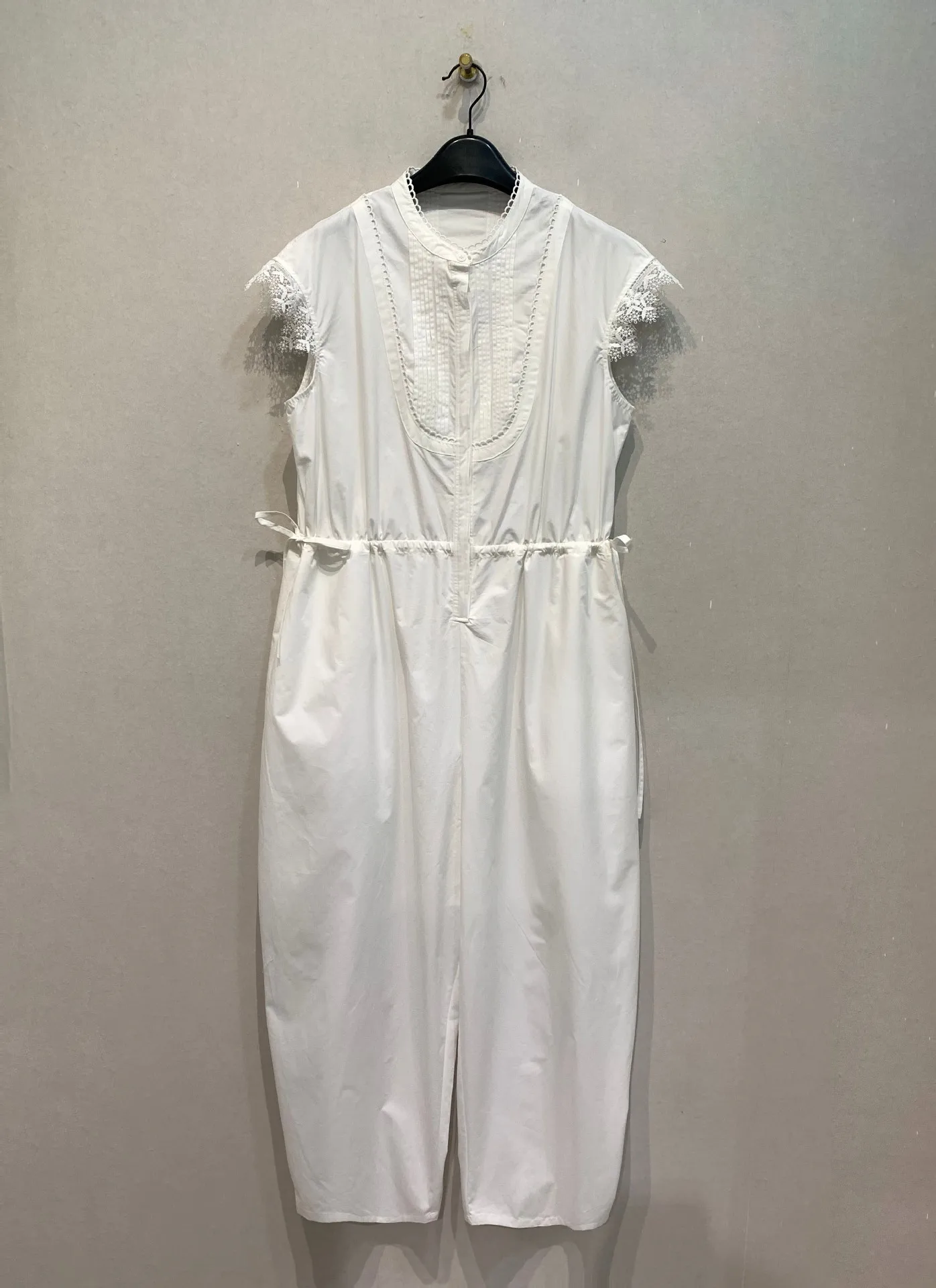 

Kuzuwata Moda Lace Patchwork Casual Jumpsuit Straight Mid-length Literary Vintage Romper Japan Trendy Drawstring Simple Bodysuit