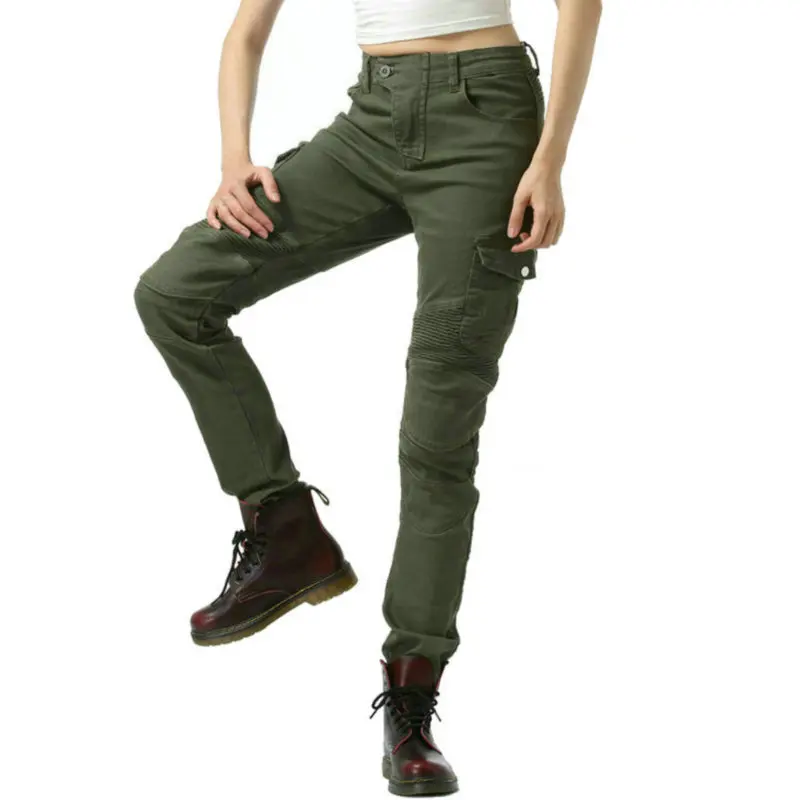 Army Green Motorcycle Riding Pants For Women Volero Protetive Straight Jeans Female Knight Daily Casual Trousers