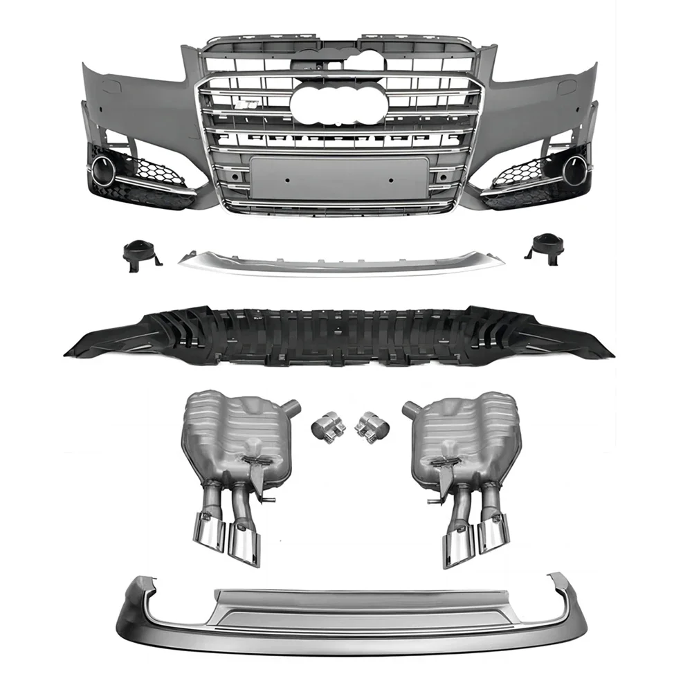 Full S8 Style Body Kit For Audi A8 14-18 Front Bumper with Grill Rear Lip Diffuser with Exhaust Muffler