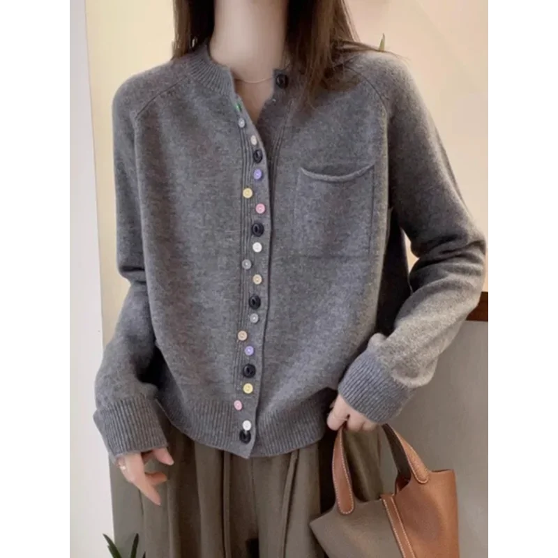 

New Colored Round Neck Long-sleeved Sweater Spring and Autumn Women's Casual Versatile Tops Fashionable Cardigan Sweater