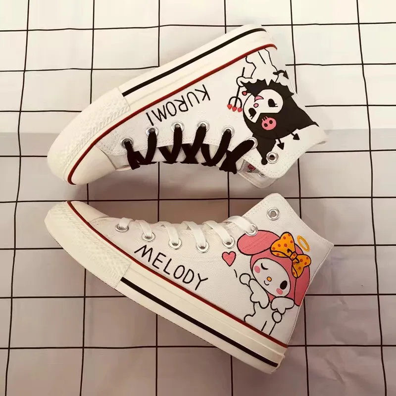 Sanrio Hello Kitty Graffiti Canvas Shoes Kawaii Girls Lolita Shoes Preppy Style Black Adolescent Sneakers 2024 Spring/Summer New