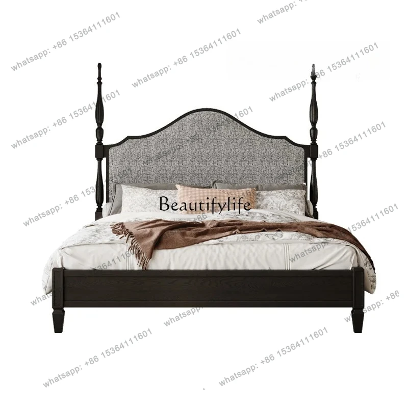 

French retro old Paris solid wood double bed American country soft bag bed high back fabric jacquard bed
