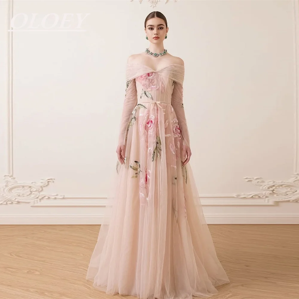 

OLOEY Luxury Beaded Applique A-Line Wedding Party Dress Off Shoulder Floor Length Evening Gown Customized فستان بيكو