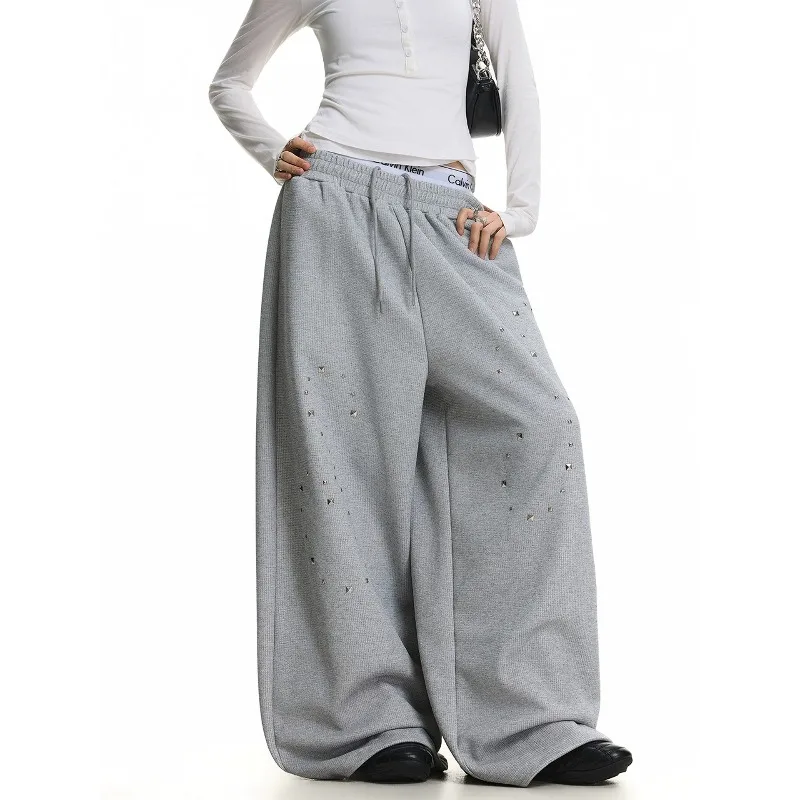 American Retro Casual Rivet Design Wide Leg Pants for Women Y2k Streetwear Japan Korean Fashion Loose Street Dance Trousers