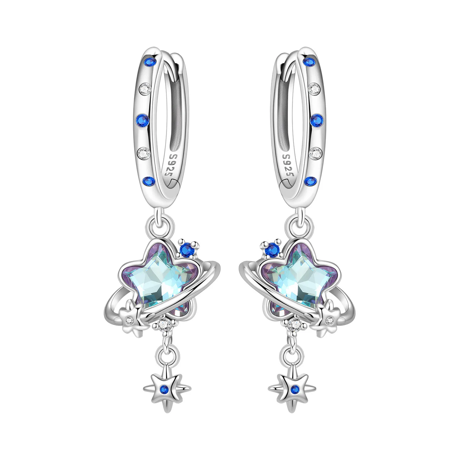 Original S925 Sterling Silver Sun Moon Star Dangle Earrings, Celestial Drop Earrings, Fashion Ear Jewelry Gift for Women Girls