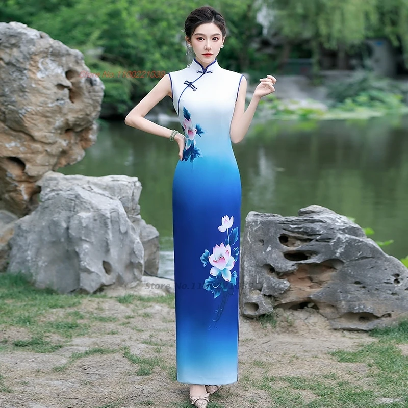 

2025 chinese vintage dress improved qipao national flower print sleeveless cheongsam stage performance banquet evening dress