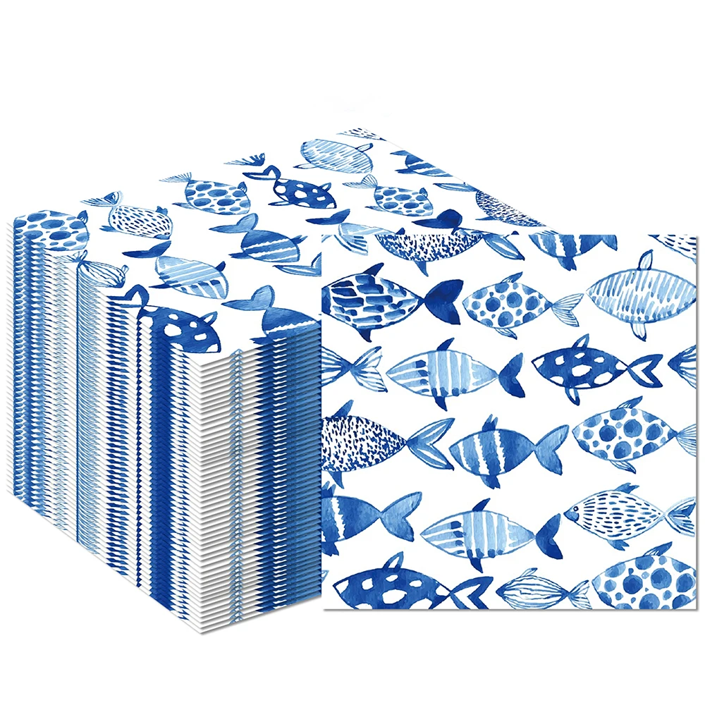 20/40/60/80/100pcs Fish Paper Napkins Watercolor Sea Ocean Luncheon Napkins for Fishing Party Decors Restaurant Kitchen Supplies