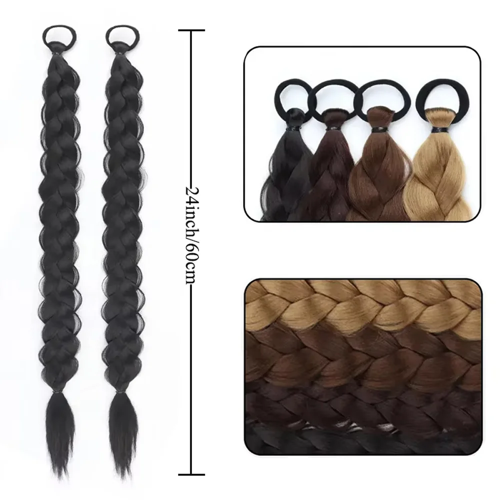 الاصطناعية مضفر ذيل حصان ملحقات مع شريط مرن 24 بوصة العجين المقلي التقلبات جديلة صندوق وصلات شعر مضفرة للنساء