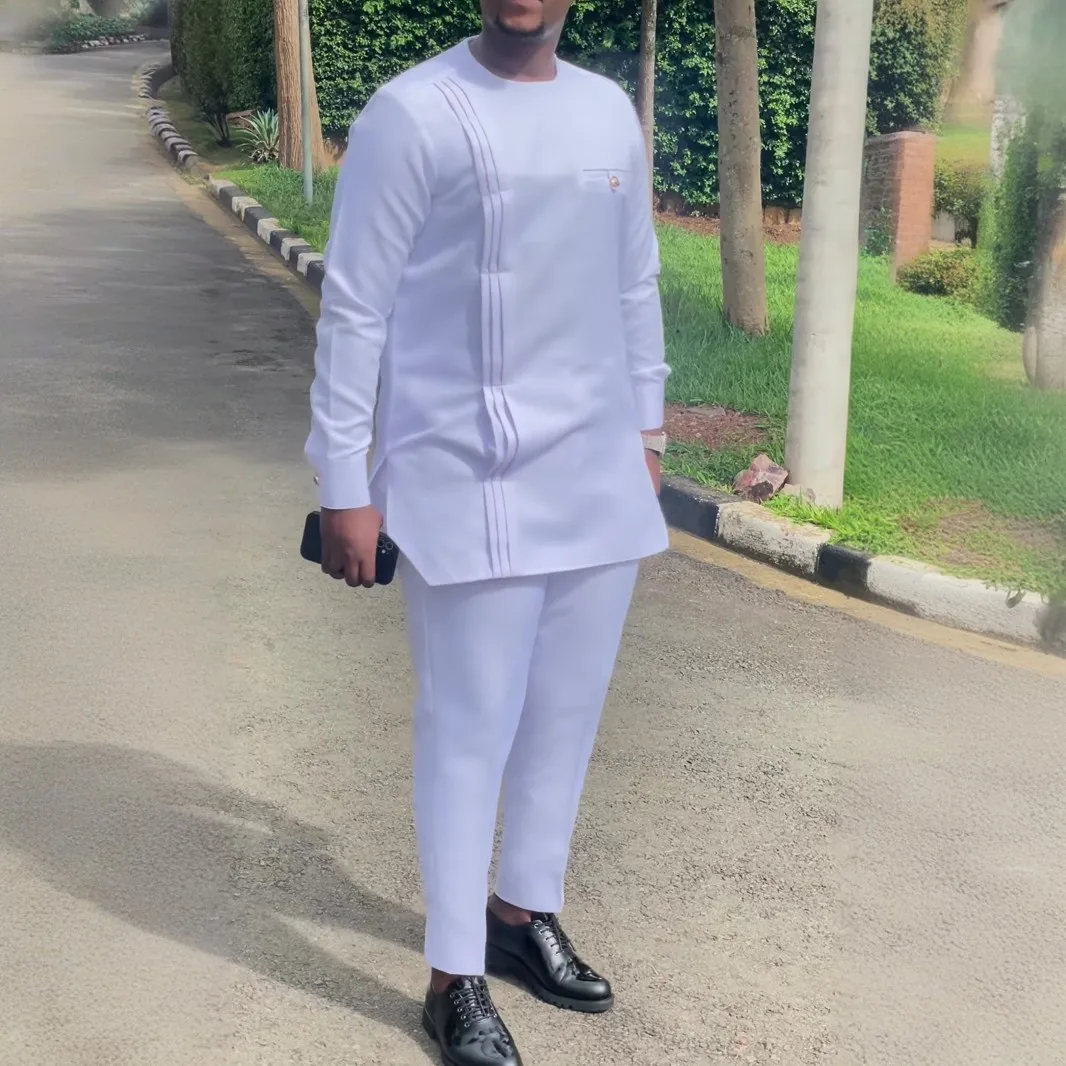 Men's Designer Clother Solid Color White Luxury Brand Clothing For Male African Traditional Outfit Dashiki 2Pc Elegant Men Suits Full Pant Sets view 2