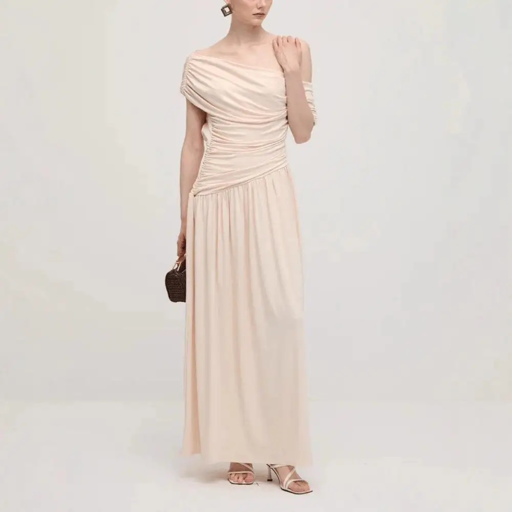 Jupe longue de soirée plissée, col incliné, Sexy, coupe cintrée, couleur Pure, taille haute, ligne a, t-shirt en Fiber d'acétate