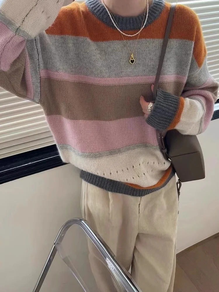 

Льняной шерстяной вязаный свитер, корейский Sle Lazy Faion, утягивающий полосатый цветной свитер, топ Camere, женская осенняя одежда