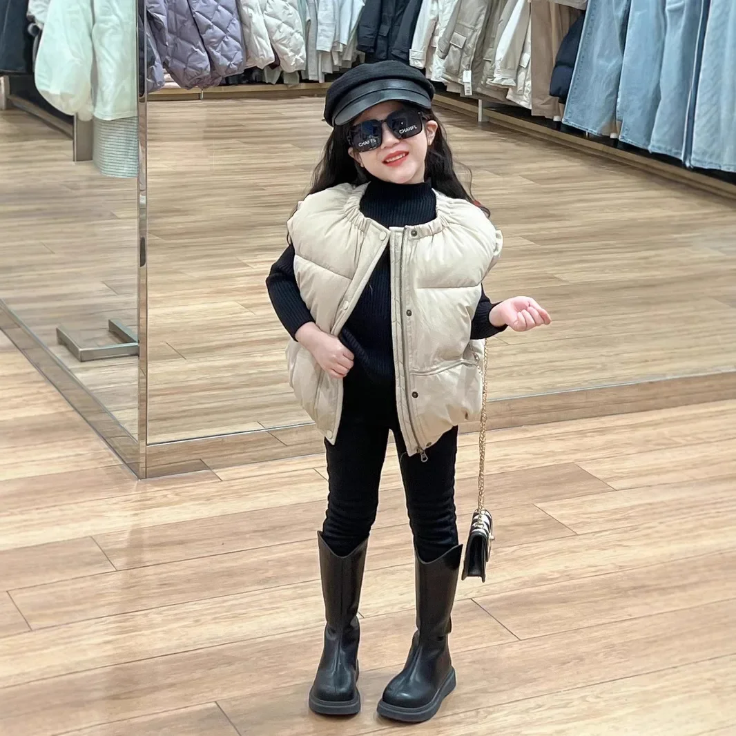 Girls Vests 2024 Winter New Childrens Clothes Baby Girl Fashion Design Sense Thick Warm Cotton Vest Casual Simple Daily