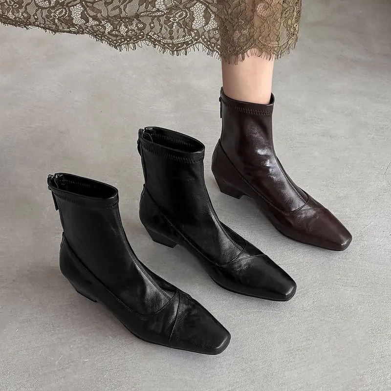 2026 new autumn winter women ankle boots 22-25cm sheepskin+microfiber+pigskin/plush square toe back zip women stretch boots