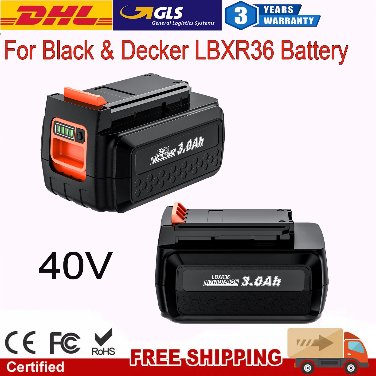 3000mah Per Black & Decker 40v Batteria Ricaricabile 18650 Batteria Al Litio Per Black & Decker LBXR36 BL20362 LBX2040 Utensili Elettrici