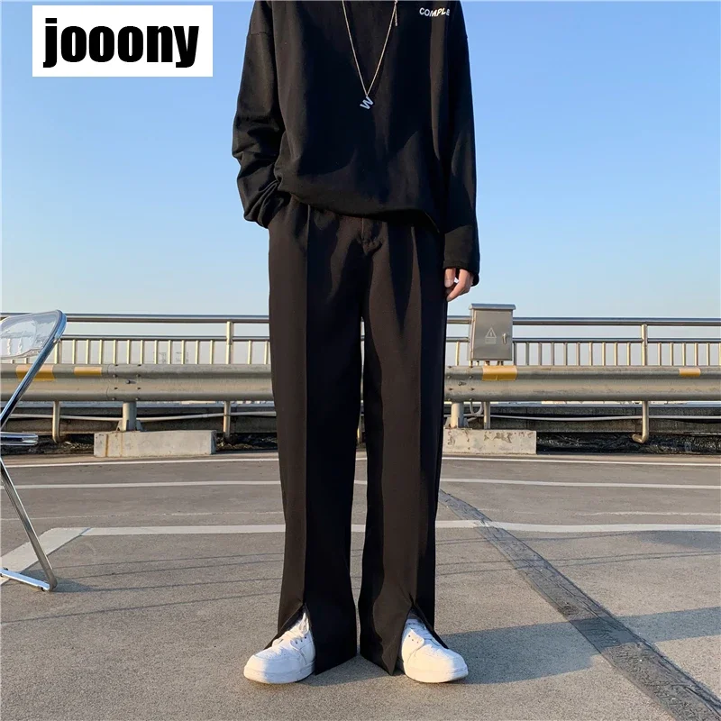 ربيع صيف جديد بلون عادية سبليت Pantssuit بنطال ذو قصة أرجل واسعة رجالي ترهل مستقيم أنبوب السراويل فضفاضة بسيطة التنقل الرياح