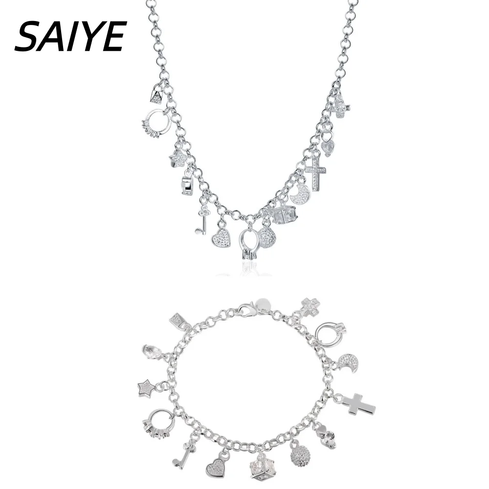 925 Sterling Silver Multi Charms Necklace, 13 Pendants Heart Star Lock Moon Chain Choker for Women Fashion Jewelry Gift