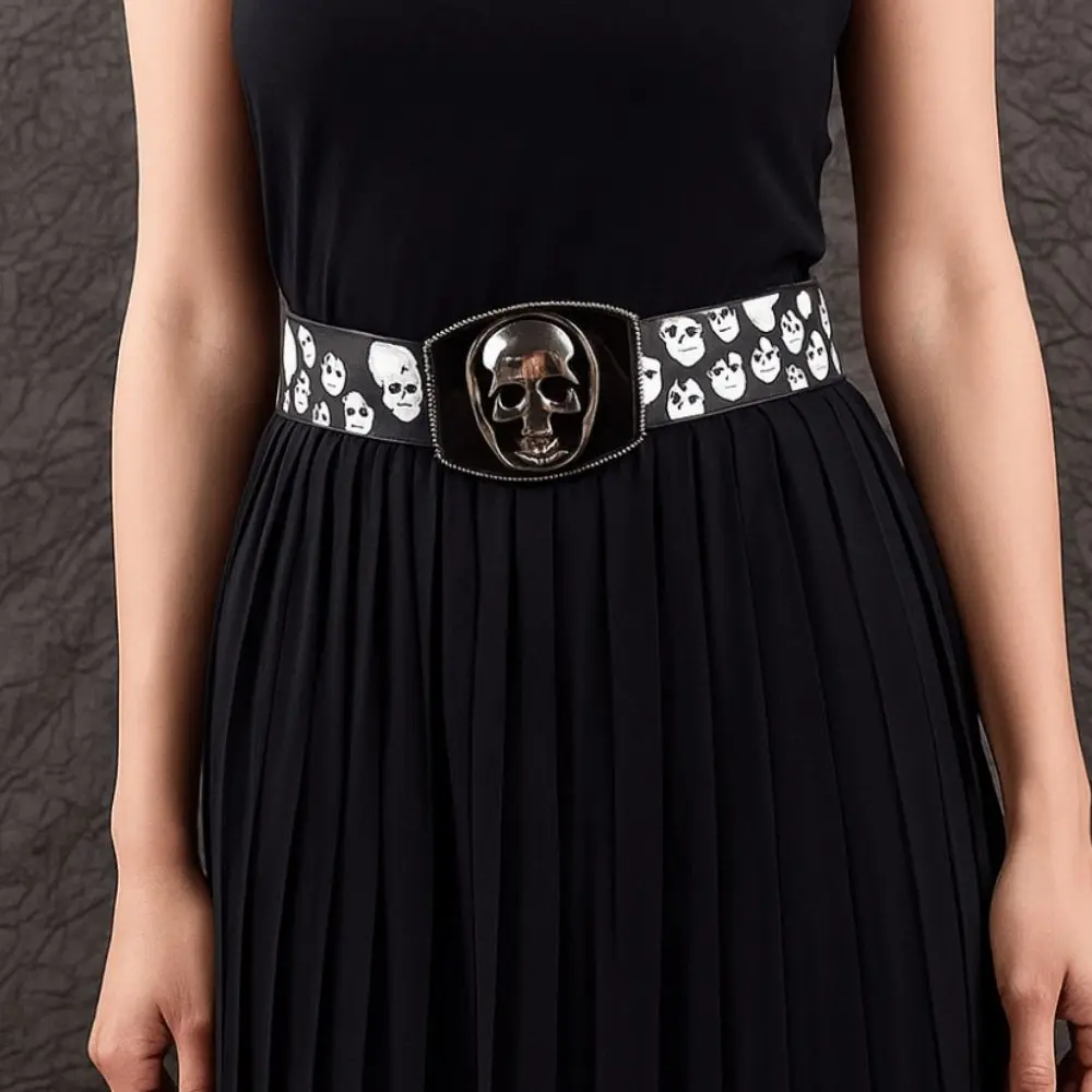 

Punk-Style Skull Print Belt Pu Leather Rhinestone Goth Style Belt Pants Decors Casual Wear Halloween Skeleton Waistband