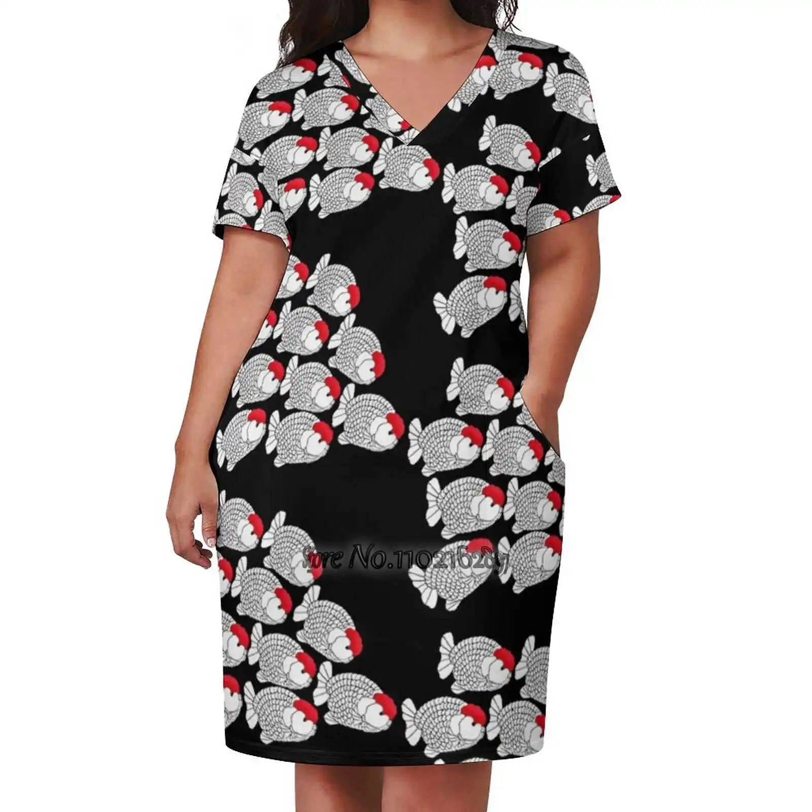 Red Cap Tancho Ranchu Goldfish In Group In Black Background V-Neck Short Sleeve Skirt Korean Kawaii Skirts Party Dresses Red