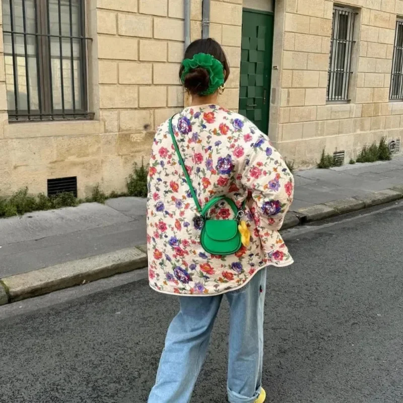 Chaqueta de algodón con estampado Floral para mujer, Abrigo acolchado ligero de manga larga con bolsillos y cuello redondo, ropa de exterior elegante para otoño e invierno, novedad de 2024