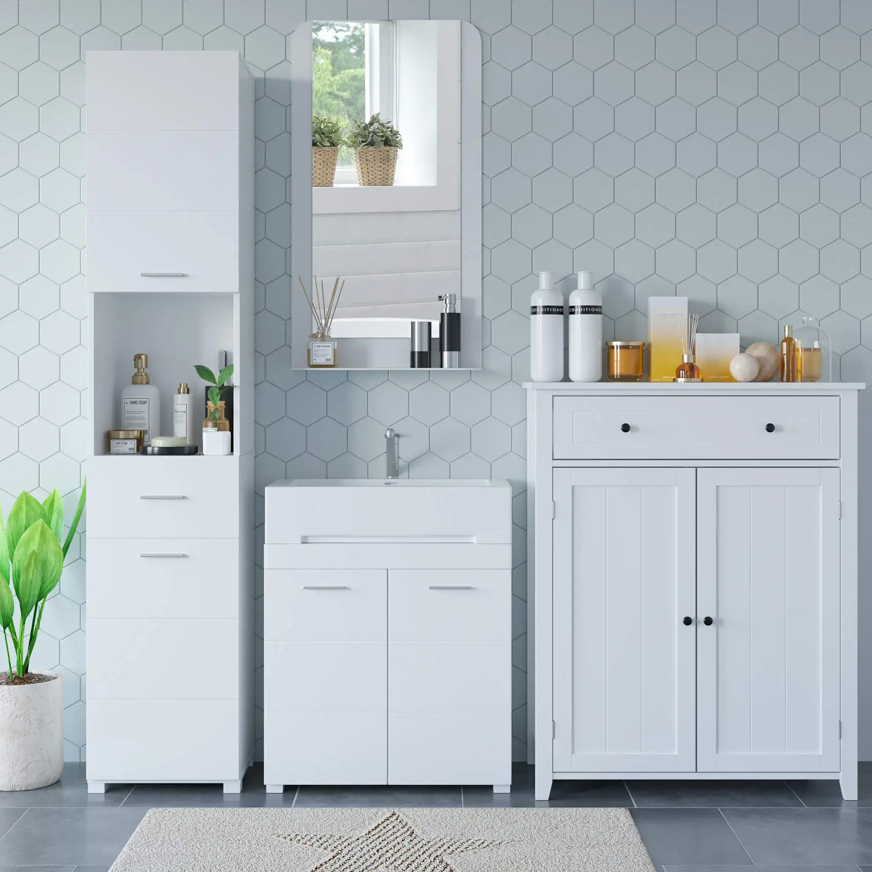 Getone Tall Bathroom Cabinet, Bathroom Storage Unit, Freestanding Cupboard, Slim Tallboy with Drawer and 2 Doors, White Wooden 37x30x180cm