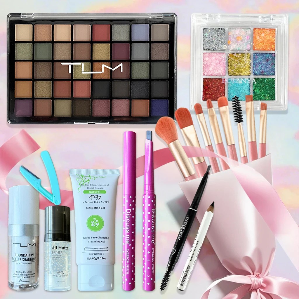 Set de Maquillaje Todo en Uno TUM de 18 Piezas, Paleta de Sombras de Ojos de 40 Colores, Base Líquida, Lápiz de Cejas, Kit de Cosméticos Completo, Set de Regalo