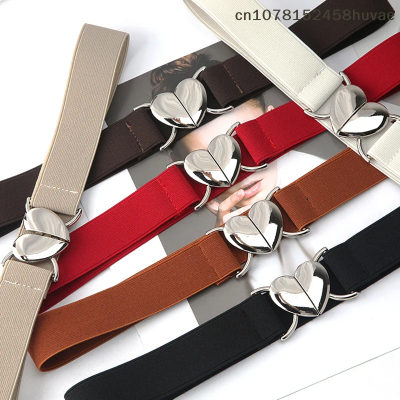1 Pc Women Elastic Belts Love Heart Metal Buckle Waist Dress Coat Sweater Decorative Elegant Exquisite Waistband Accessor