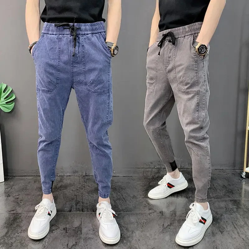Fashion Korean Style Autumn Spring Men's Jeans Denim Elastic Waist Pencil Pants Hip-hop Solid Harem Stretchy Slim Trousers