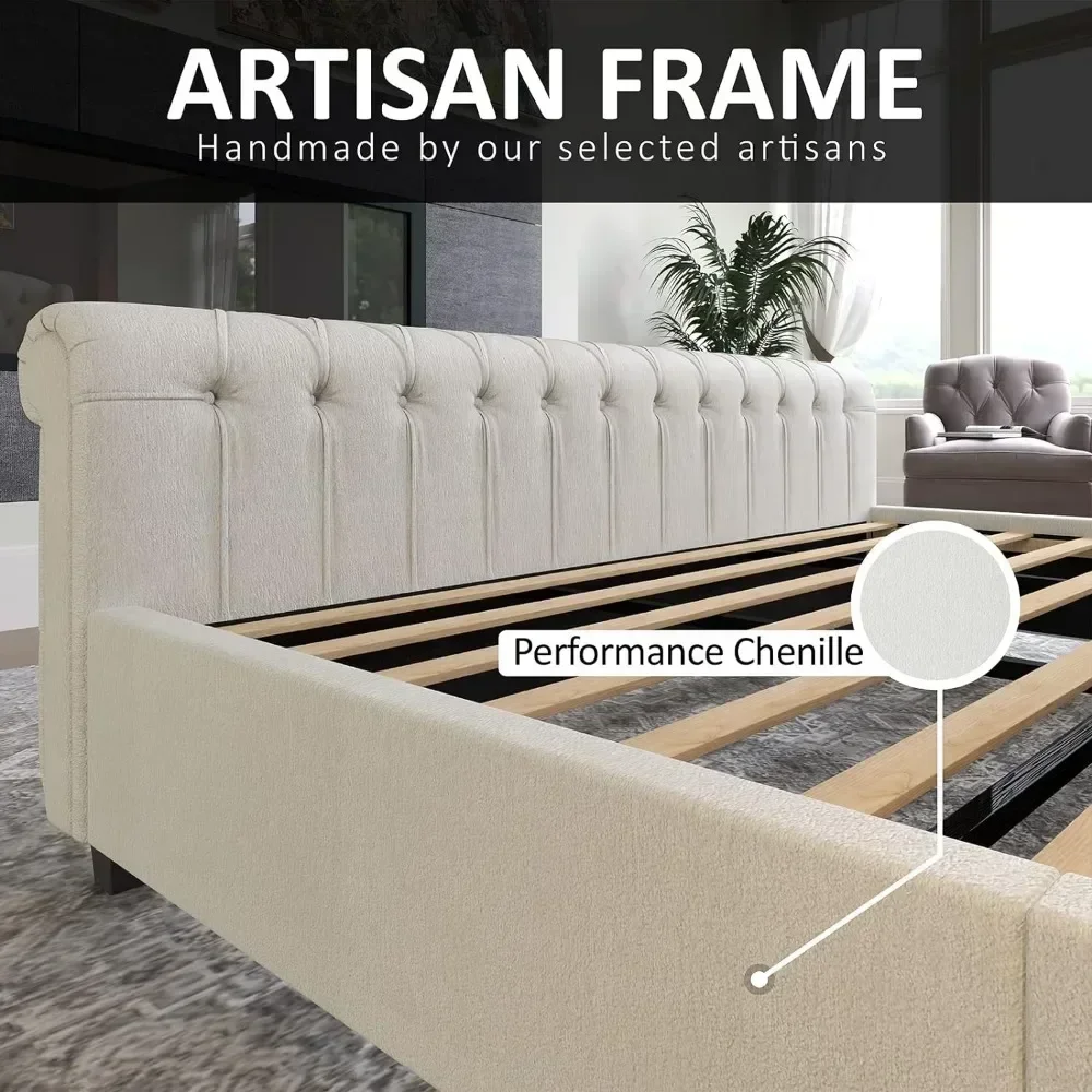 King Size Bed Frame, Chenille Upholstered Sleigh Beds with Scroll Wingback Headboard & Footboard/Button, King Size Bed Frame image 5