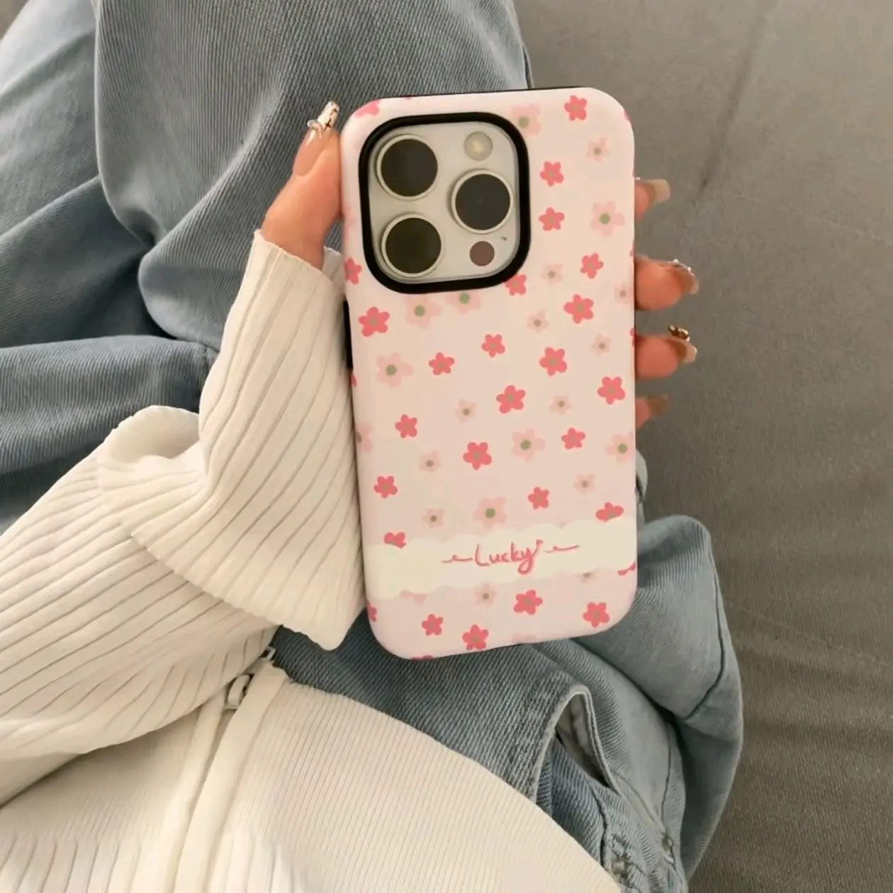 الكورية Ins الصغيرة الوردي الزهور كلمة محظوظ قضية الهاتف آيفون 16 15 14 13 برو ماكس 12 11 الغطاء الخلفي صندوق #1