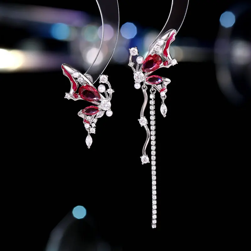 

S925 Silver Needle Super Fairy Elf Niche Temperament Personality Design Earrings AB Asymmetric Tassel Butterfly Earring
