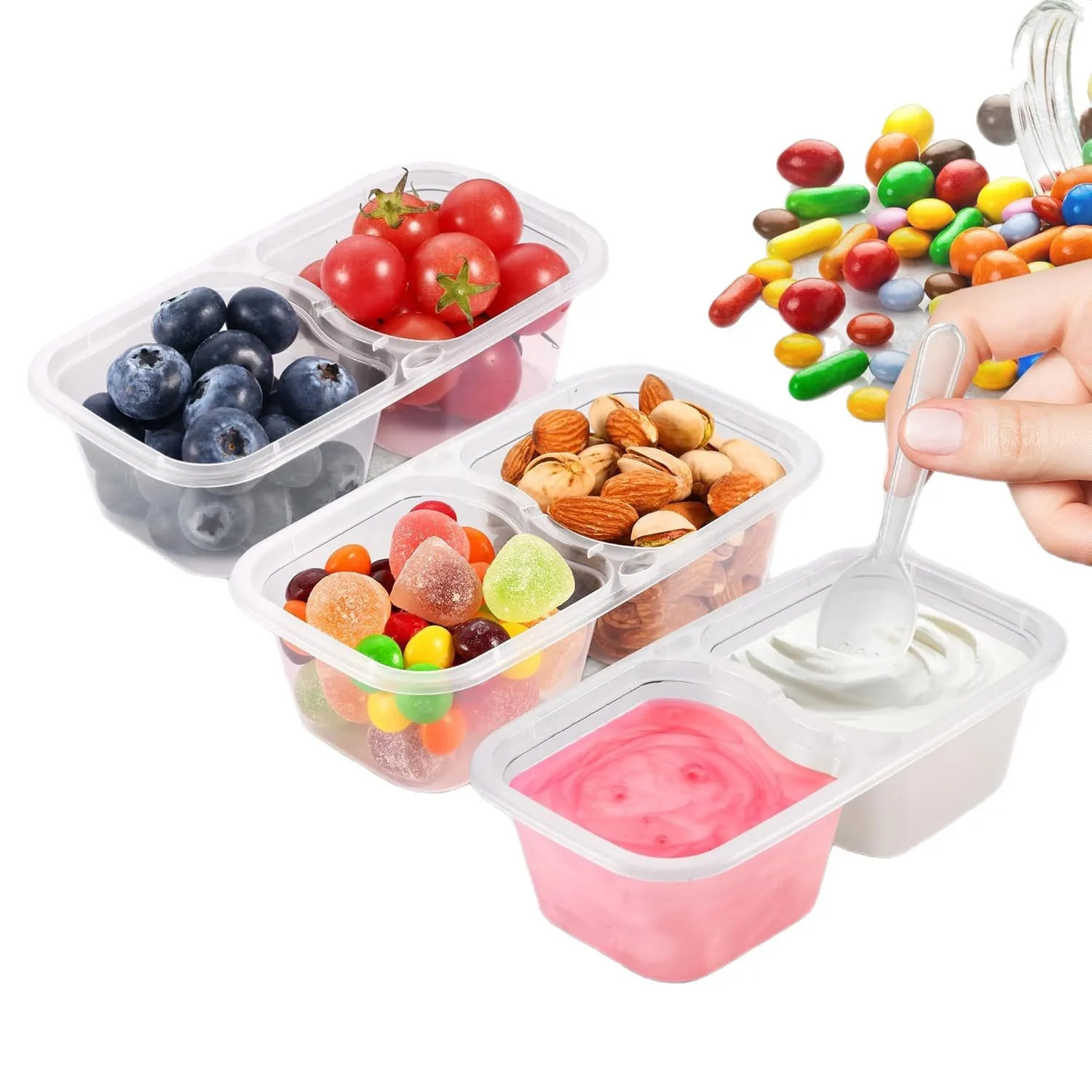 20pcs Compartment Sauce Pots，Reusable Leakproof Dipping Container，Snack Box for Fruits, Yogurt, Salad, Condiments 20PCS Forks
