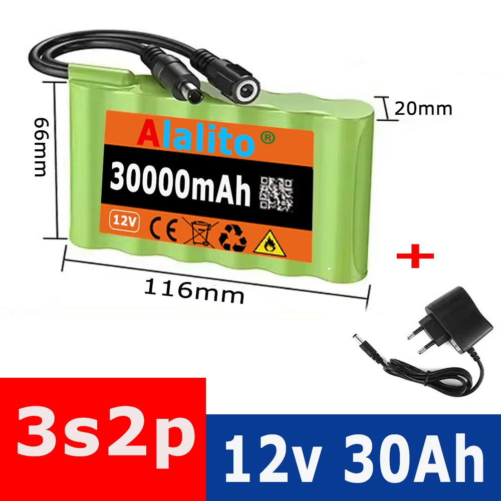 

New Portable 3S2P 12V 30000mAh Rechargeable Li-Ion Battery, For LED Lamp Light Backup Powe Etc+ Charger