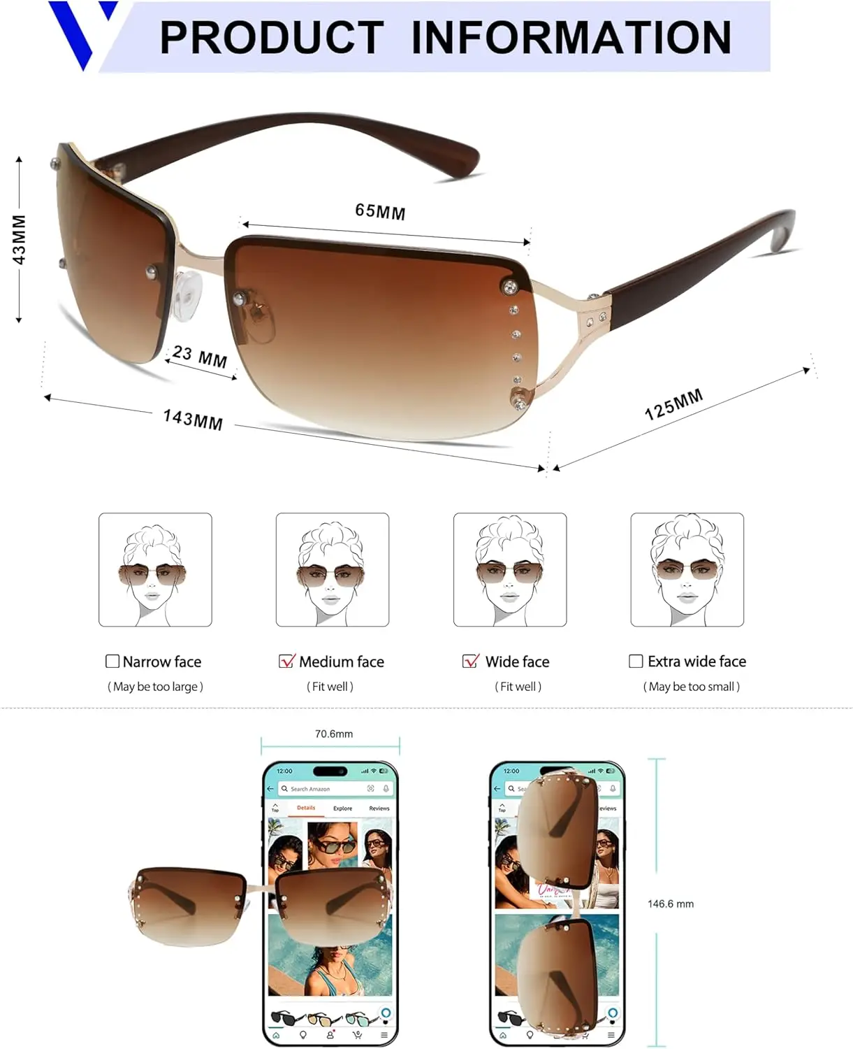 VANLINKER Stylish Rimless Frameless Rectangle Sunglasses for Women