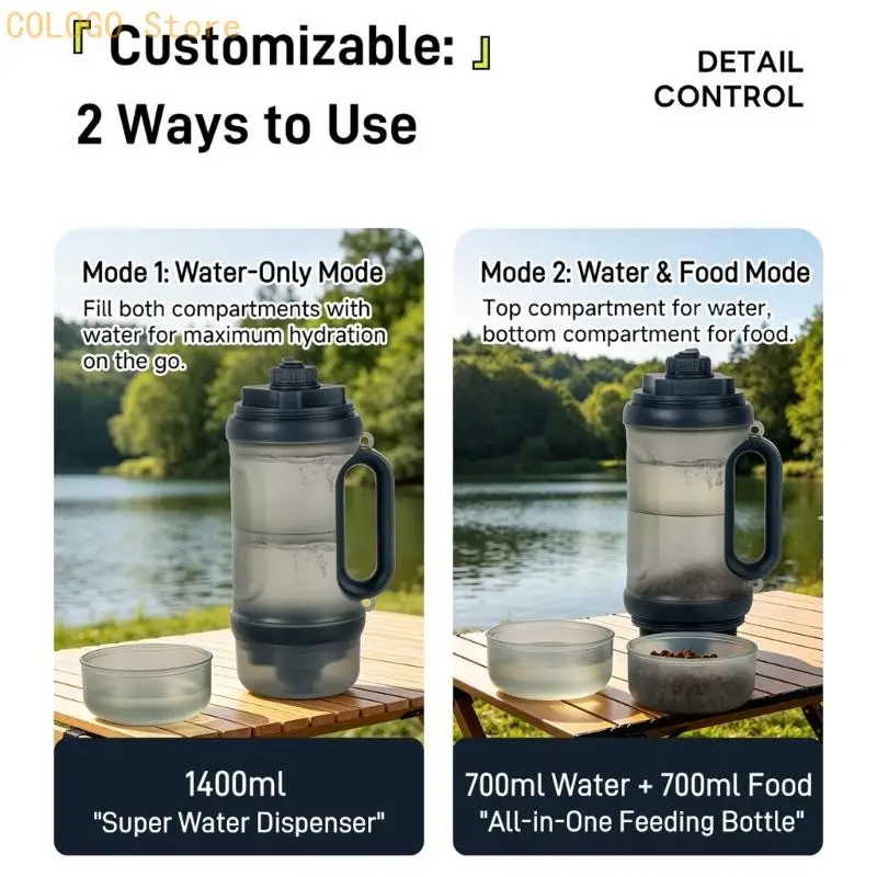 Two-Compartment Pet Meal and Drink Dispenser with Removable Serving Bowls and Integrated Grip for Dog Walks and Short Travel