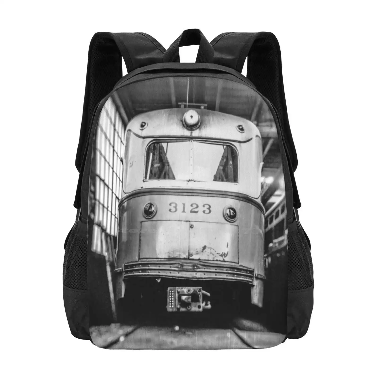 Vintage Streetcar Trolley 1219 Pattern Design Bag Student'S Backpack Trolley Vintage Film Lomo Black And White Bw Old