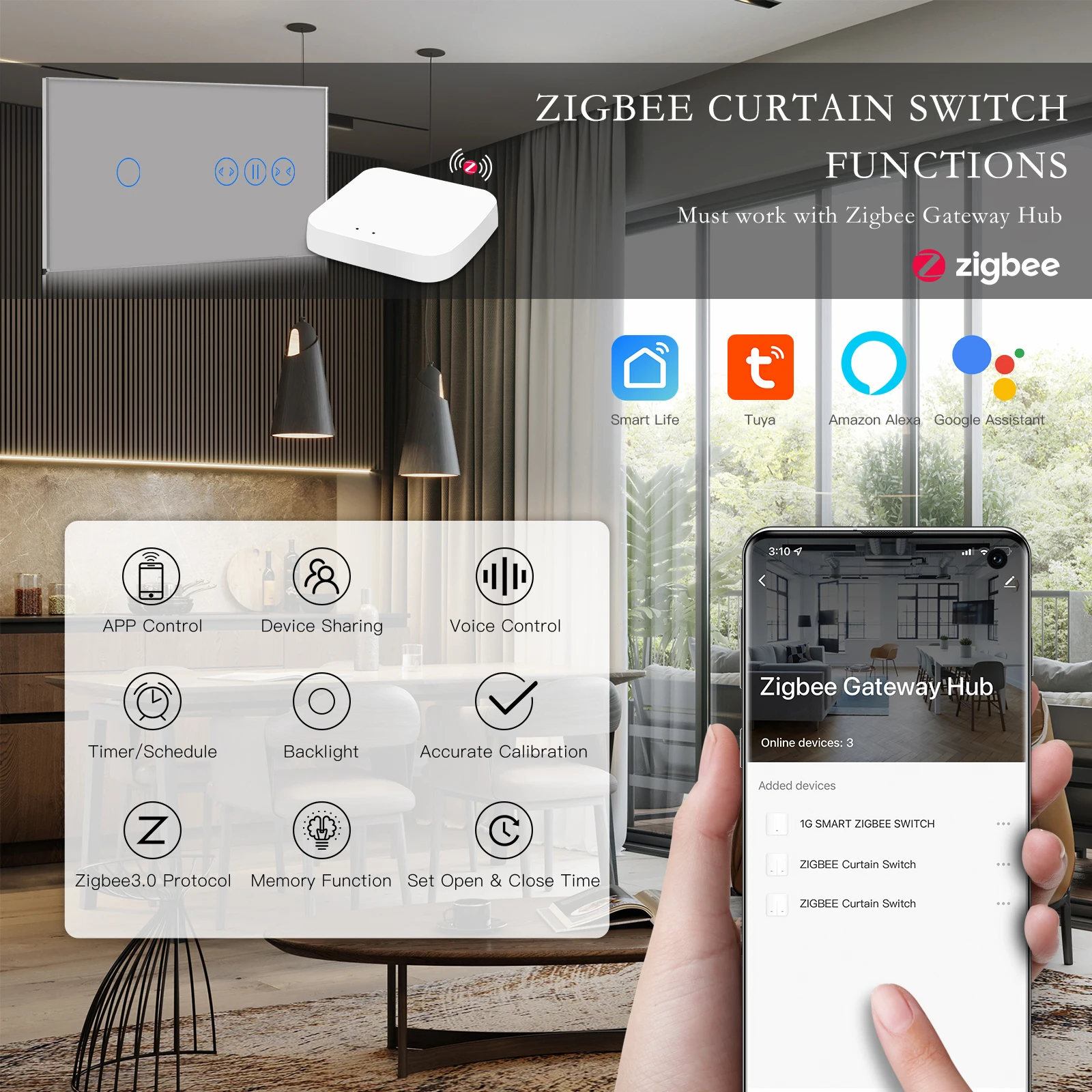 BSEED Zigbee Tuya Curtain Switch Smart Touch Light Switch ElectricTubular Motors Google Home Smart Life Alexa Voice Control