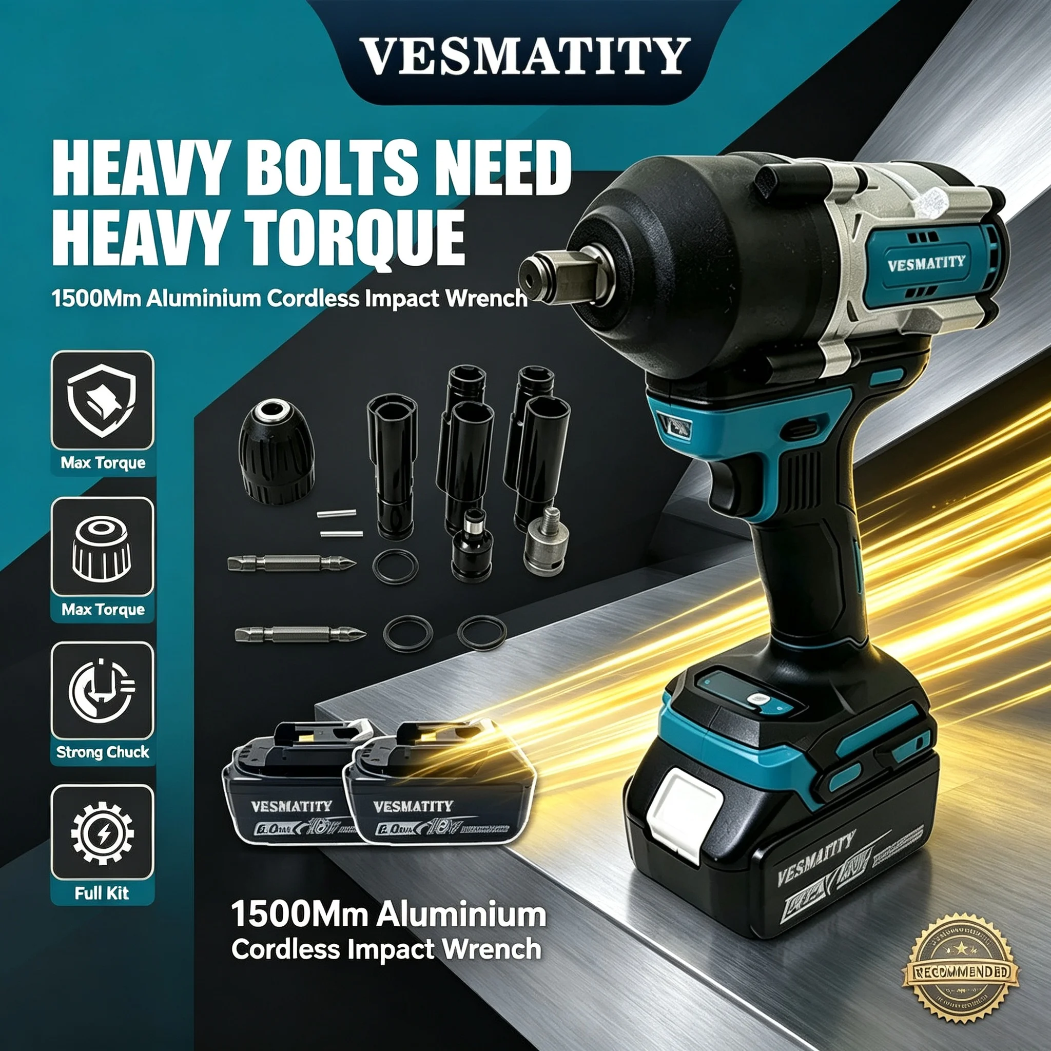 Gisam 1500N.M Torque Brushless Electric Impact Wrench 1/2 inch Cordless Wrench Screwdriver Power Tool For 18V Battery Pin
