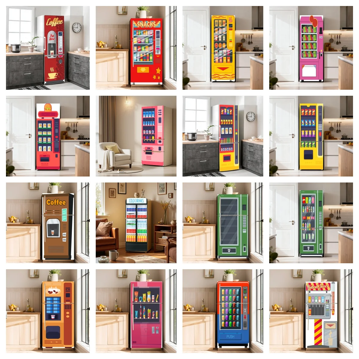 Creative Coffee & Snack Vending Machine Fridge Cover Sticker DIY Upright Fridge Renovation Wallpaper Home Cabinets Decoration