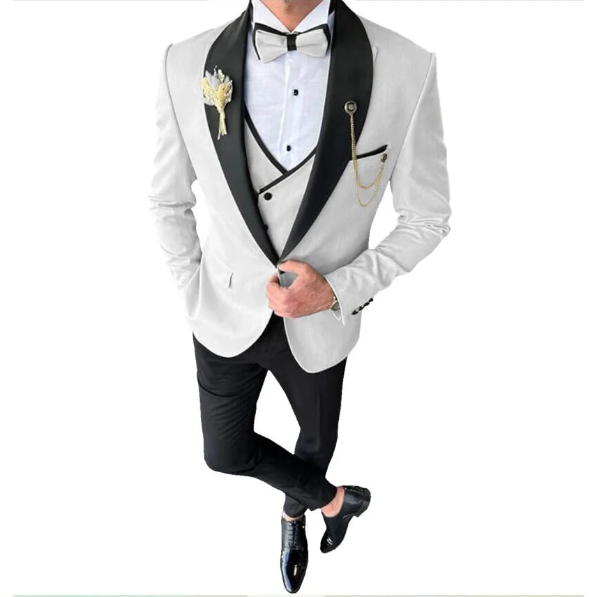 Trajes blancos informales De 3 piezas para Hombre, trajes formales ajustados, ropa para novio De boda, chaqueta, chaleco, pantalones, Trajes formales De Hombre