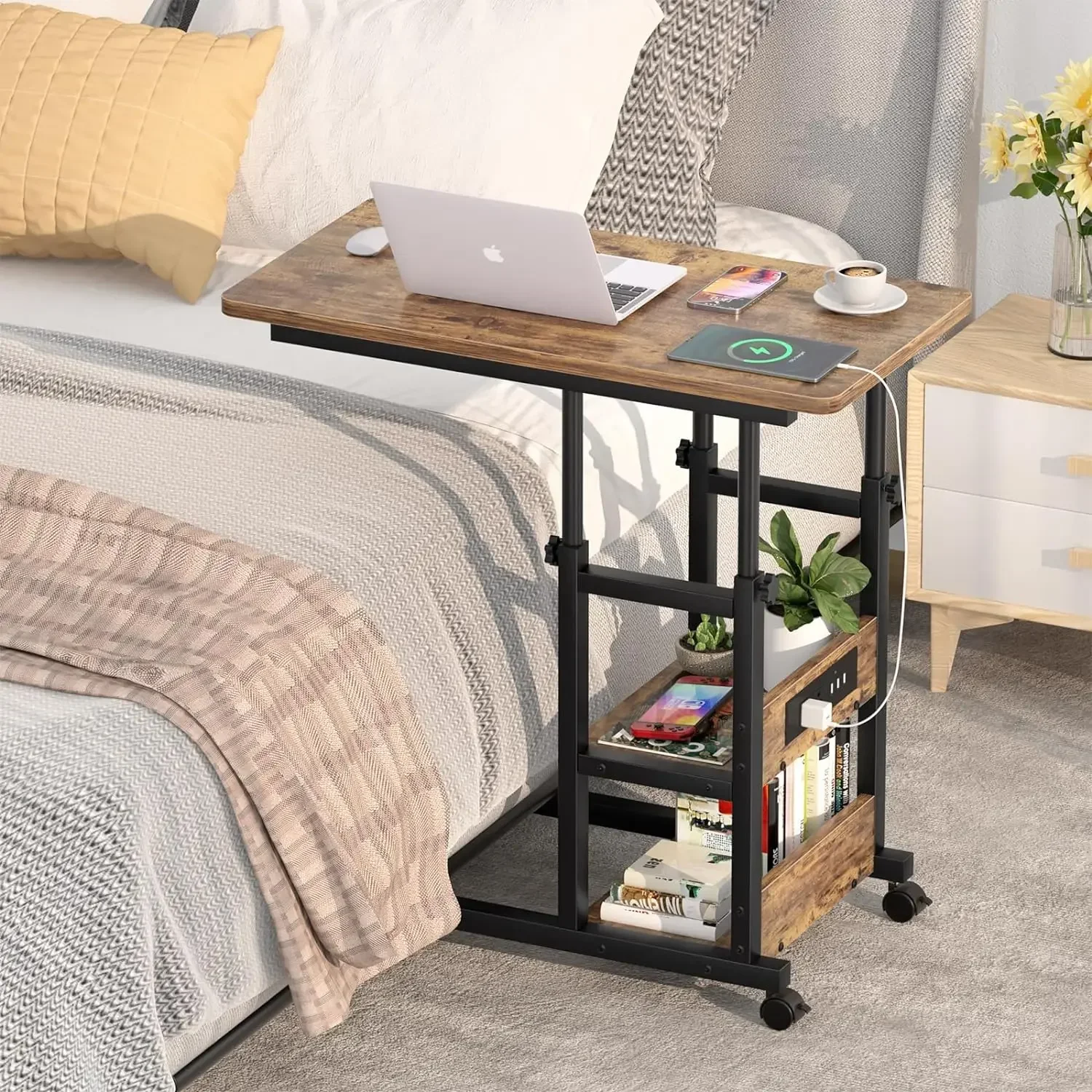 Height Adjustable C Shaped End Table with Charging Station, Mobile Laptop Side Table with USB Port and Wheels