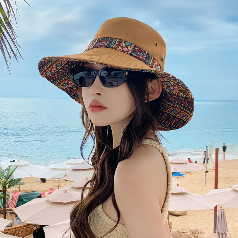 Sommer Eimer Hut Frauen Breiter Krempe Sonnenhut Fischer Kappe Sonnenschutz Ethnische Retro Cowboy Hut Dame Tuch Faltbare Sonnenhut Im Freien
